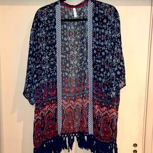 Xhilaration kimono size Large, boho style, split sides. Fringe navy blue